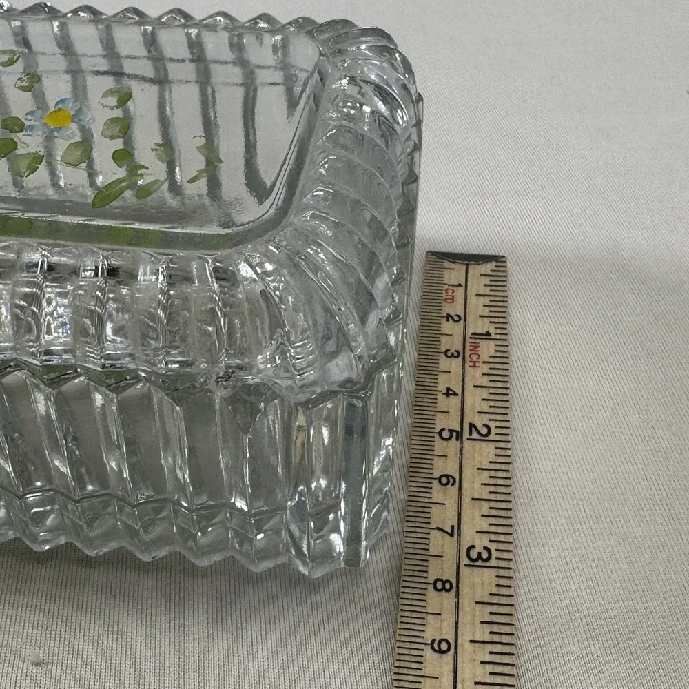 Vintage Depression Glass Trinket Jewelry Box‎ Clear Ribbed Flowers